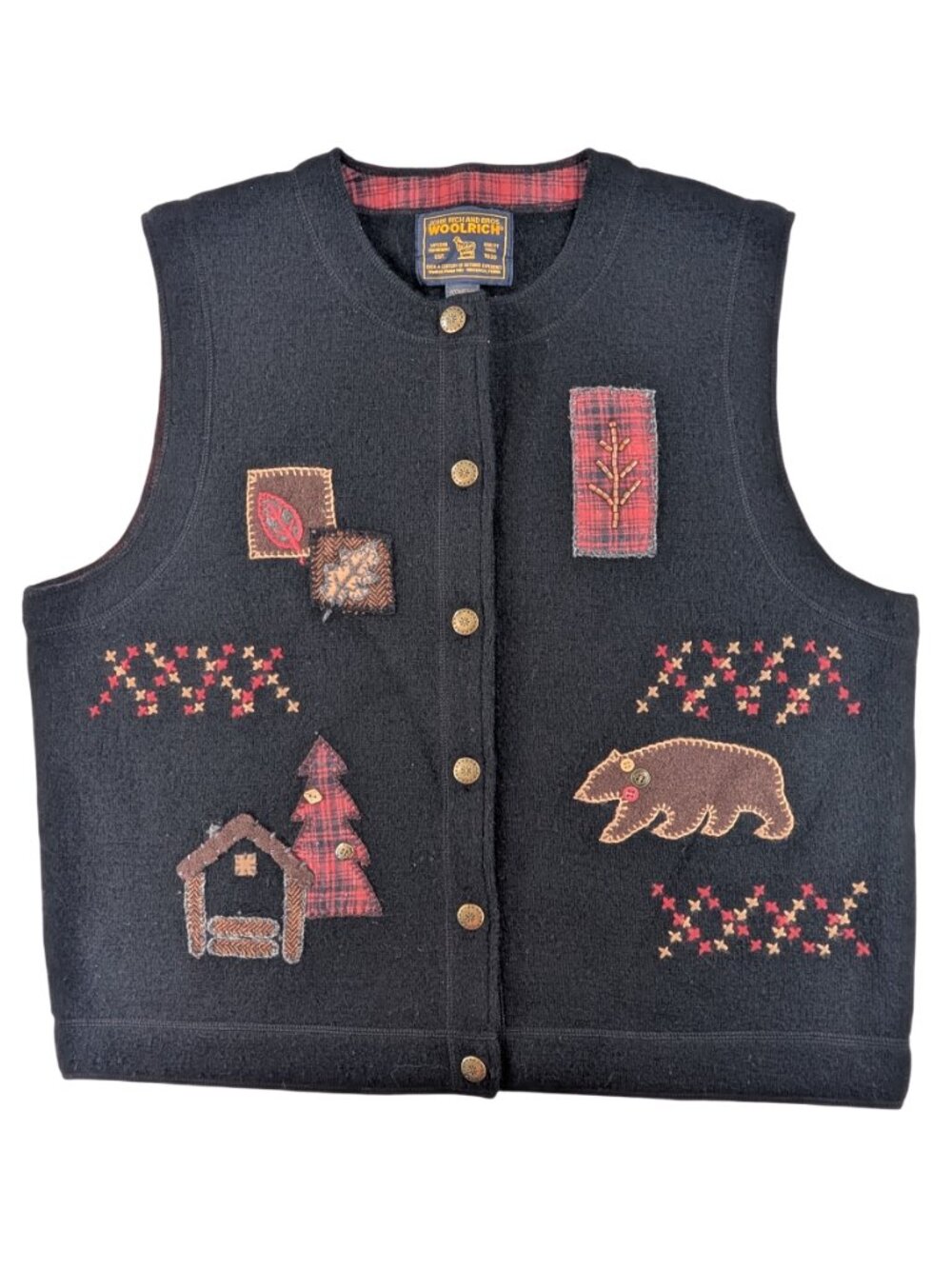 Woolrich Black Wool Vest Large | Vintage Patchwork Cabin Bear Tree Fall Rustic